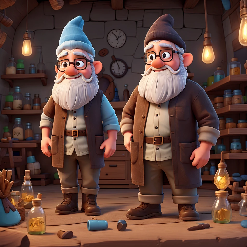 Create an image of a gnome in the Disney Pixar style. The gnome wears a brown beret, has a large, unkempt beard, and white hair and beard. He is wearing large round glasses, a black t-shirt, light blue pants, and a white lab coat. He wears black boots and always has a latex glove on one of his hands. The background features a laboratory situated inside a tree trunk, with lab equipment and jars visible around. The style should be detailed and charismatic, reflecting the gnome's unique personality.