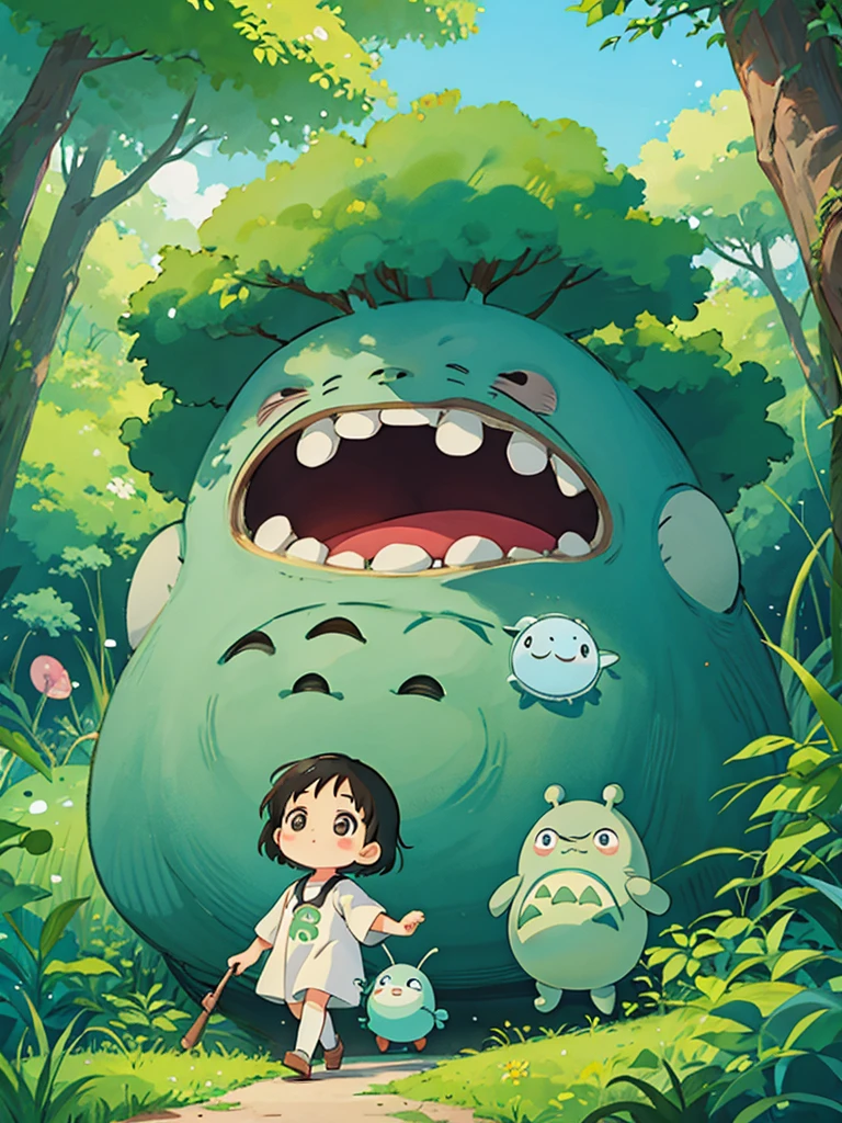 Hayao Miyazaki style, Kawaii Design, The most beautiful girl of all time、chibi, (((Cute Aliens))) , (((walking))), Totoro Forest