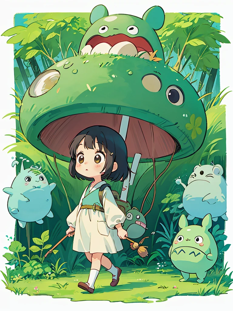 Hayao Miyazaki style, Kawaii Design, The most beautiful girl of all time、chibi, (((Cute Aliens))) , (((walking))), Totoro Forest