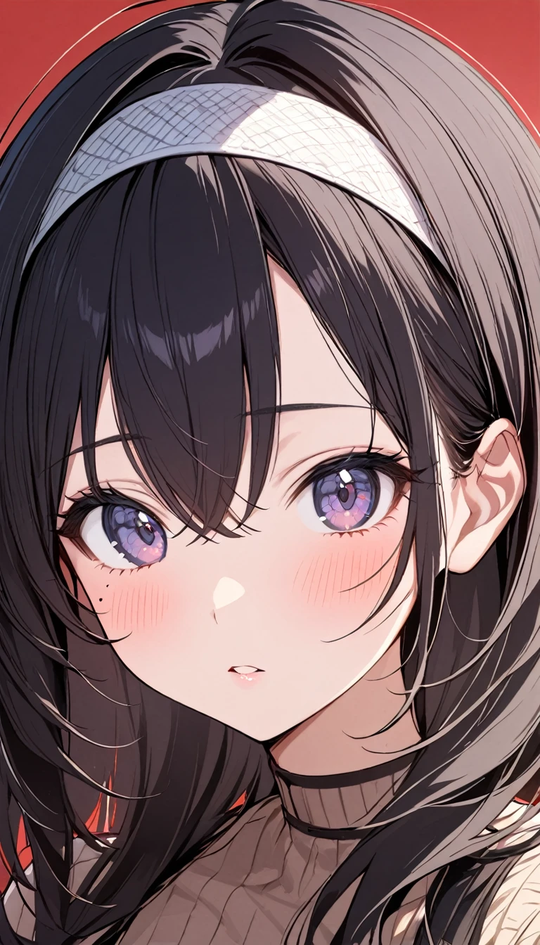 1girl, solo, looking at viewer, blush, black hair, hair between eyes, hairband, parted lips, mole, portrait, red background