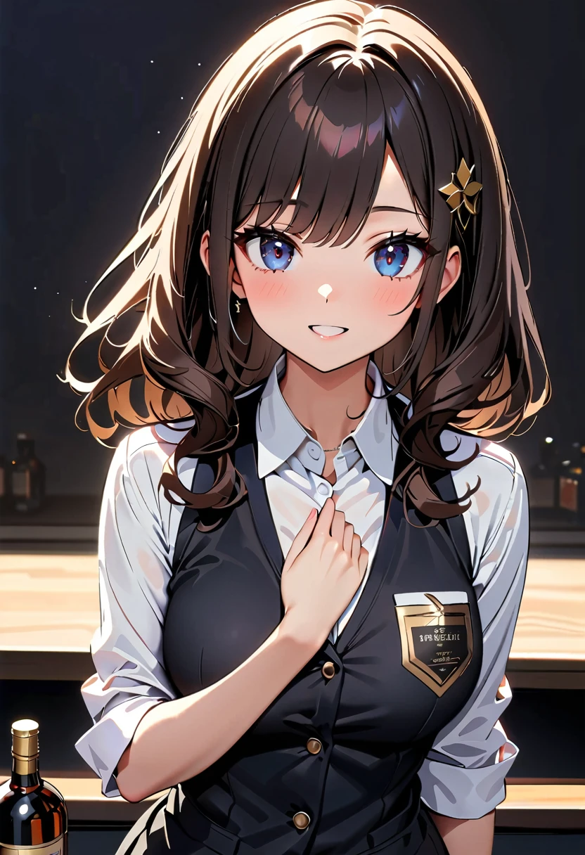 (high quality, 8k, 4k, high contrast, masterpiece:1.2, 最high quality, better aesthetics), ((1 female)), bar, liquor bottle, bartender, Beautiful and detailed eyes and face., An exquisitely crafted hair ornament., real skin glitter, pretty girl, business dress, office dress, きれいに並べられたliquor bottle, luxury label, atmospheric lighting, dark color palette, shoulder length hair, dark brown hair, ((sexy))