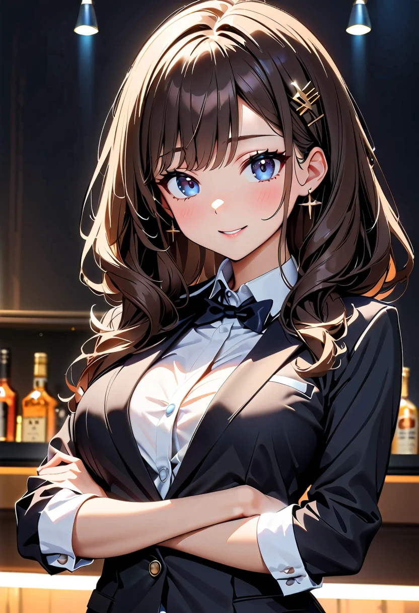 (high quality, 8k, 4k, high contrast, masterpiece:1.2, 最high quality, better aesthetics), ((1 female)), bar, liquor bottle, bartender, Beautiful and detailed eyes and face., An exquisitely crafted hair ornament., real skin glitter, pretty girl, business dress, office dress, きれいに並べられたliquor bottle, luxury label, atmospheric lighting, dark color palette, shoulder length hair, dark brown hair, ((sexy))
