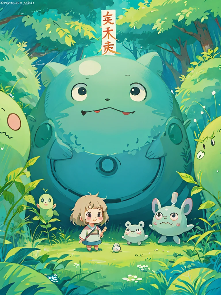 Hayao Miyazaki style, Kawaii Design, The most beautiful girl of all time、chibi, (((Cute Aliens))) , (((happy))), Totoro Forest