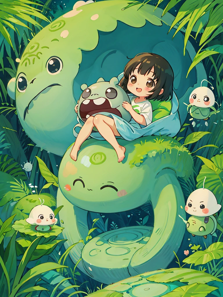 Hayao Miyazaki style, Kawaii Design, The most beautiful girl of all time、chibi, (((Cute Aliens))) , (((happy))), Totoro Forest