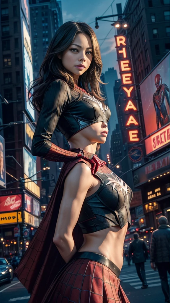 Kristin Kreuk、マーベルコミックの映画Poster、so beautiful、Movies about Spider-Man、sexy、whole body、Wearing a skirt、Premiere Date、Poster、belly buttonを突き出す、new york、She's wearing a ripped Spiderman suit、The suit is torn、Wearing a skirt、Red and black color scheme、dynamic、masterpiece、Highest quality、Super detailed、Very detailed、Delicate and beautiful shine、Ultra-high resolution、Cinematic、break、breakドロップ、(Torn clothes:1.5)、(Wet clothes:1.4)、Bare shoulders、Real Rain、Wet Hair、belly button、Exposed Skin、sexyな肩を披露