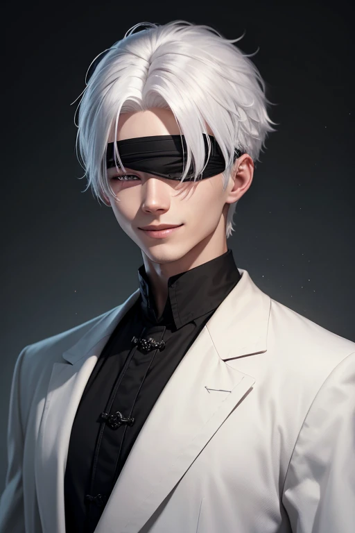 young man of 20 years old, white hair, with a blindfold covering his eyes, white skin, black clothes like style old corean, smile, villain vibes