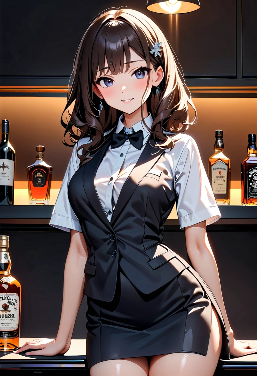(high quality, 8k, 4k, high contrast, masterpiece:1.2, 最high quality, better aesthetics), ((1 female)), bar, liquor bottle, bartender, Beautiful and detailed eyes and face., An exquisitely crafted hair ornament., real skin glitter, pretty girl, business dress, office dress, きれいに並べられたliquor bottle, luxury label, atmospheric lighting, dark color palette, shoulder length hair, dark brown hair, ((sexy))