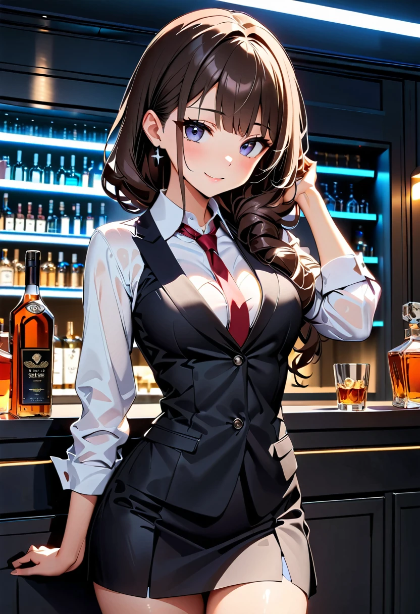 (high quality, 8k, 4k, high contrast, masterpiece:1.2, 最high quality, better aesthetics), ((1 female)), bar, liquor bottle, bartender,  Beautiful and detailed eyes and face., An exquisitely crafted hair ornament., real skin glitter, pretty girl, business dress, office dress, きれいに並べられたliquor bottle, luxury label, atmospheric lighting, dark color palette, shoulder length hair, dark brown hair, ((sexy)), short dress, beautiful legs