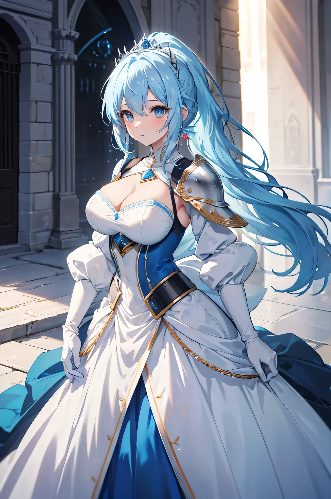 4K,High resolution,One Woman,Light blue hair,Long Ponytail,Big Breasts,Princess Knight,Light blue dress,White knight armor,Full Armor,White gloves,Princess Tiara,Jewelry decoration,Medieval town