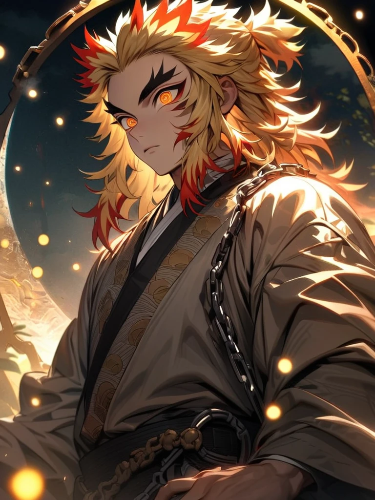 absurdres, highres, ultra detailed, HDR, master piece, best quality, extremely detailed face and eyes, Rengoku Kyojuro, blond hair, expressive orange eyes, Kimetsu No Yaiba, solo, sexy man, handsome, clock mechanical moon, fantasy, chains, fireflies