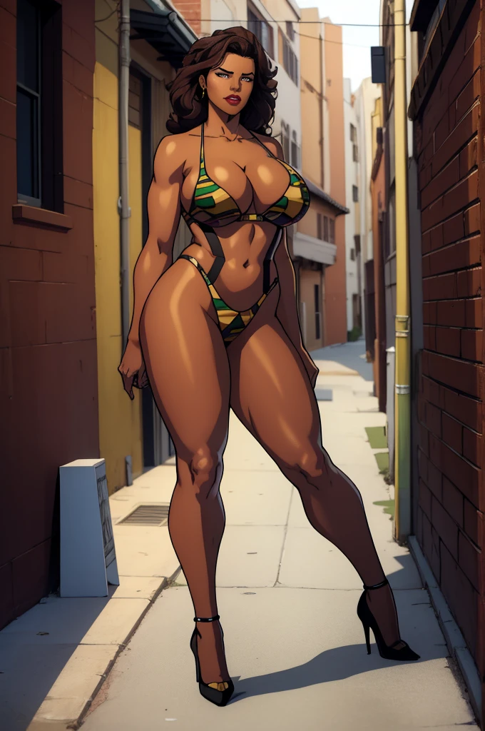 (a 45 year old woman) brown skin, beautiful African-American woman, solo, 1 girl, portrait, african hair, super detailed, modern style, direct look, contoured, milf, huge breasts, bikini, high heels, alone in an alley, highly detailed, brown eyes,
