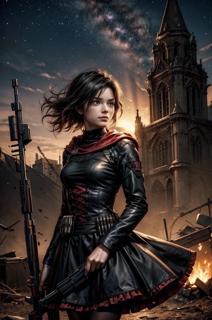 (masterpiece, best quality:1.2), cowboy shot, solo, dynamic pose, 1girl, ruby rose, grin, looking at viewer, arms behind back, black dress, long sleeves, red cape, pantyhose, standing, in deserted, church, bonfires, debris, dusty old furniture, crowd with rifles searching, (crowd in military uniforms), night, stars, closed mouth, serious look, serious expression, post-apocalypse, dystopian future