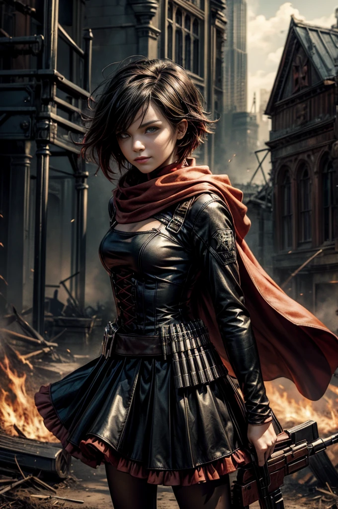 (masterpiece, best quality:1.2), cowboy shot, solo, dynamic pose, 1girl, ruby rose, grin, looking at viewer, arms behind back, black dress, long sleeves, red cape, pantyhose, standing, in deserted, church, bonfires, debris, dusty old furniture, crowd with rifles searching, (crowd in military uniforms), night, stars, closed mouth, serious look, serious expression, post-apocalypse, dystopian future
