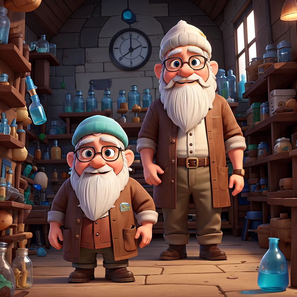 a gnome in the Disney Pixar style. The gnome wears a brown beret, has a large, unkempt beard, and white hair and beard. He is wearing large round glasses, a black t-shirt, light blue pants, and a white lab coat. He wears black boots and always has a latex glove on one of his hands. The background features a laboratory situated inside a tree trunk, with lab equipment and jars visible around. The style should be detailed and charismatic, reflecting the gnome's unique personality.