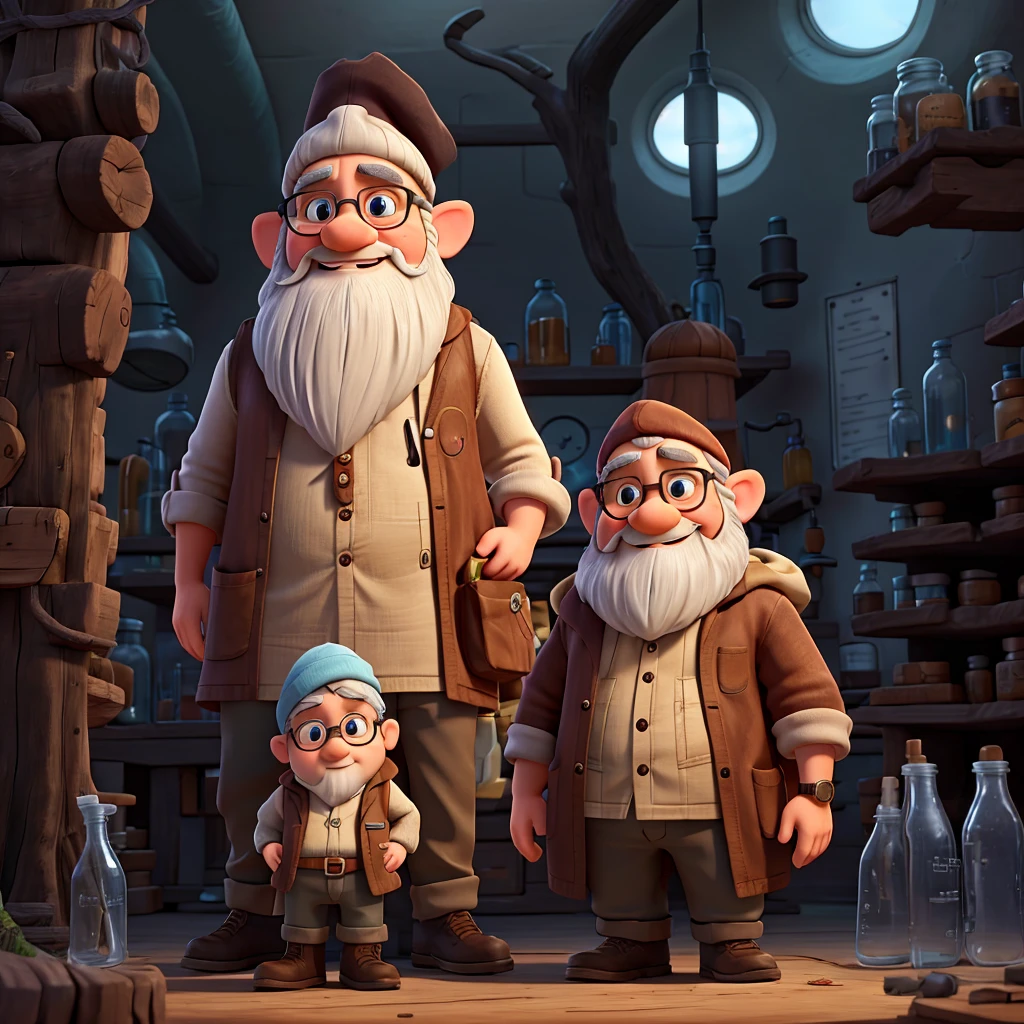 a gnome in the Disney Pixar style. The gnome wears a brown beret, has a large, unkempt beard, and white hair and beard. He is wearing large round glasses, a black t-shirt, light blue pants, and a white lab coat. He wears black boots and always has a latex glove on one of his hands. The background features a laboratory situated inside a tree trunk, with lab equipment and jars visible around. The style should be detailed and charismatic, reflecting the gnome's unique personality.
