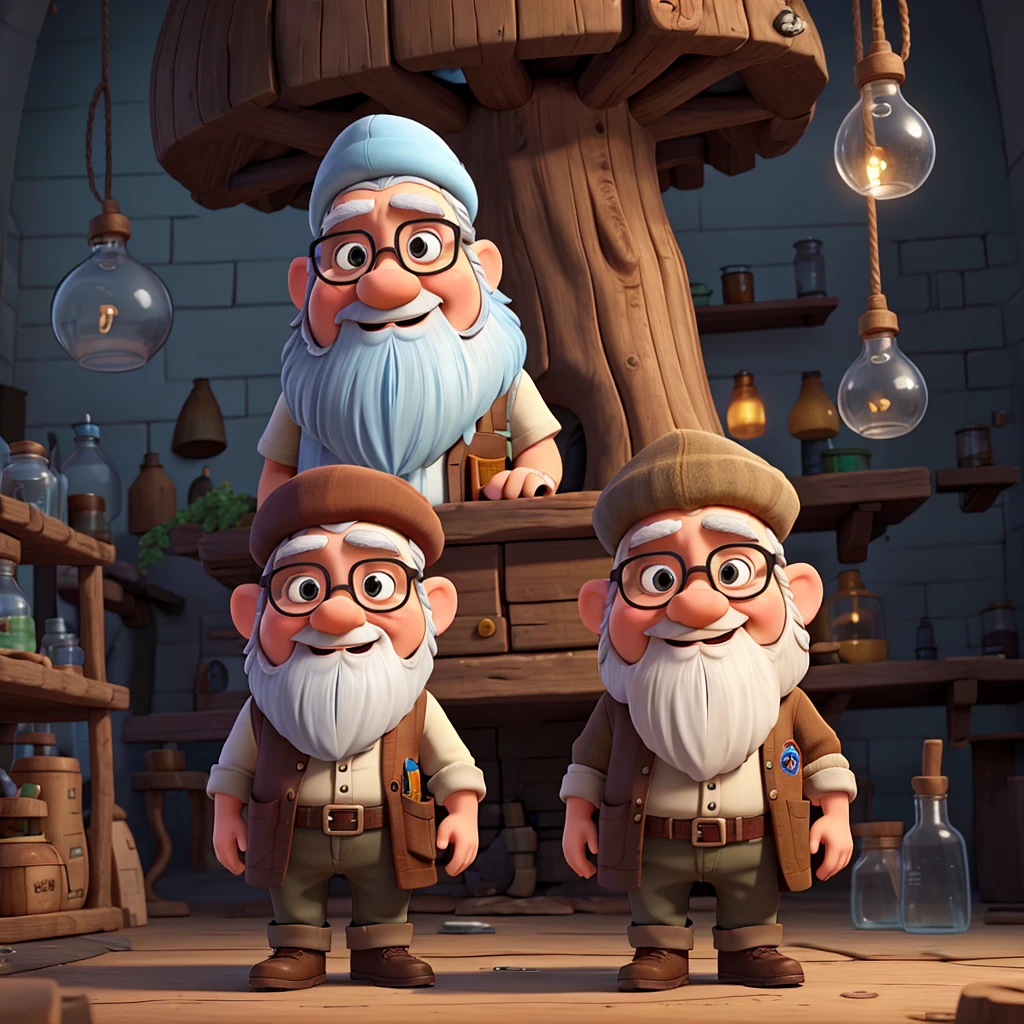 a gnome in the Disney Pixar style. The gnome wears a brown beret, has a large, unkempt beard, and white hair and beard. He is wearing large round glasses, a black t-shirt, light blue pants, and a white lab coat. He wears black boots and always has a latex glove on one of his hands. The background features a laboratory situated inside a tree trunk, with lab equipment and jars visible around. The style should be detailed and charismatic, reflecting the gnome's unique personality.