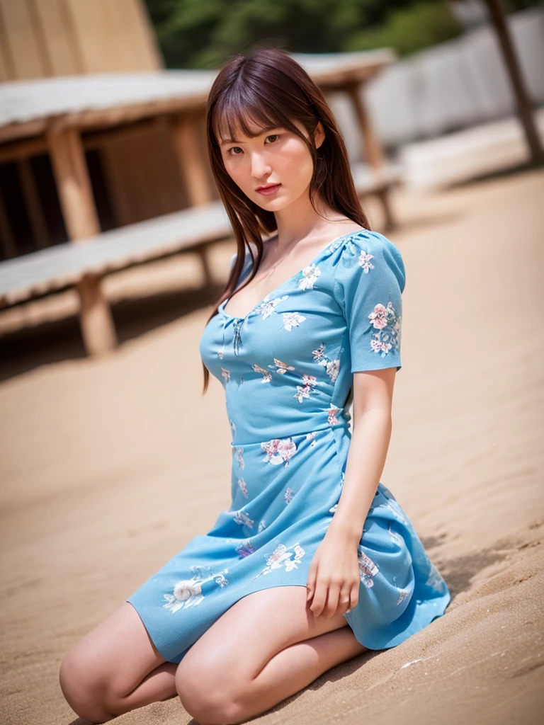 (highest quality,masterpiece:1.3,ultra high resolution),(Super detailed,caustics,8k),(photorealistic:1.4,RAW shooting),((1 girl)),((solo girl)),((full body)),((low angle)),25 years old,Japanese,cute,long black hair,bangs,Detailed face, Slender body,small breast,beautiful legs,face focus,standing,looking at viewer,((Light blue dress, solid fabric dress, small white floral patterned dress,long length dress, short-sleeved dress, casual dress)),Summer, daytime, warm sunlight, beach, white clean sand, crystal clear sea