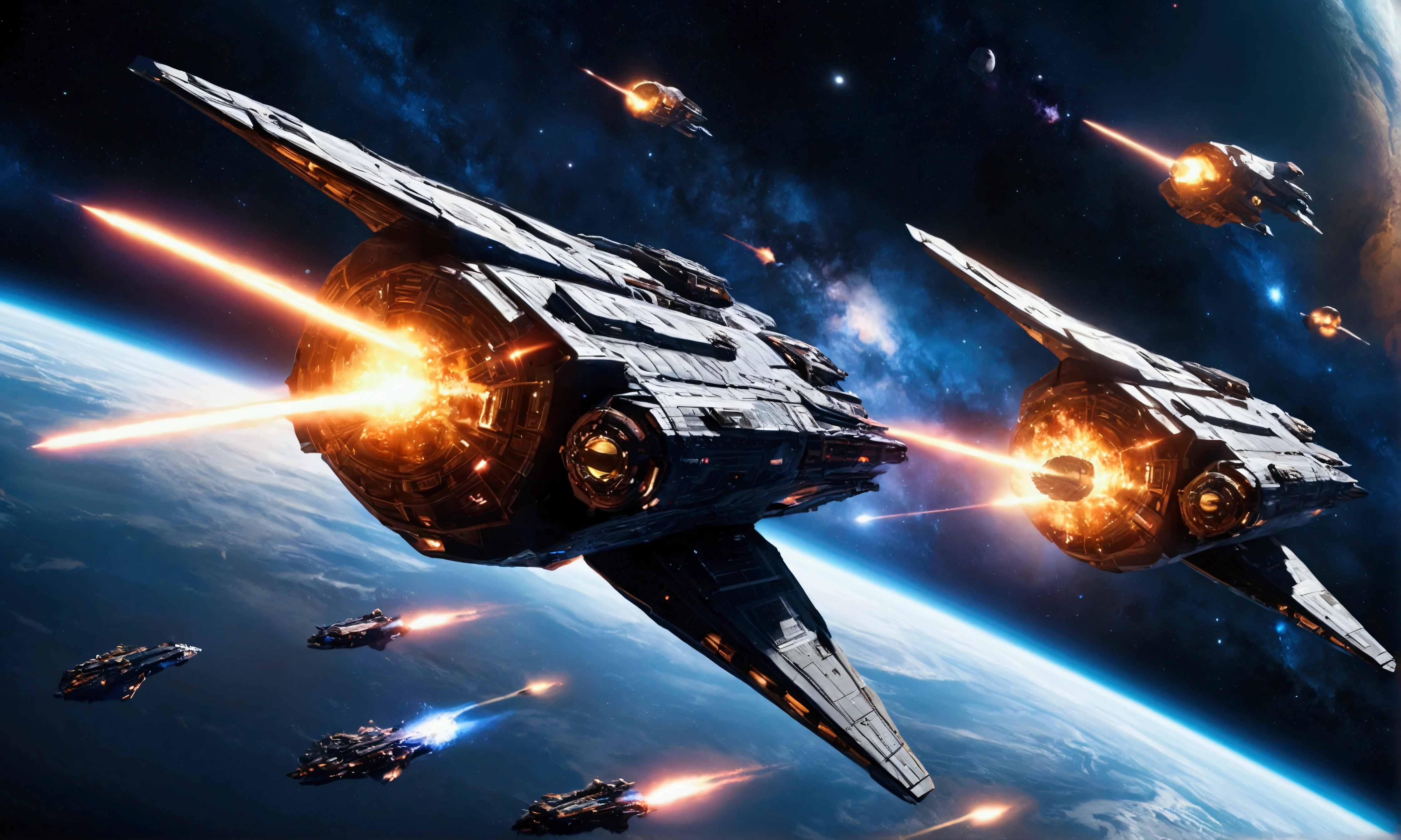 A dramatic image of a deep space battle taking place in the far reaches of the galaxy. A pair of powerful, elegant starships are engaged in a fierce battle, their engines roaring and their shields glowing as they face each other. The galaxy is a blur of aid and support, with distant stars visible in the background, lit by the bluest tones of battle colors. The image spans the entire visible range of the human eye, showing the intricate intricacies of the massive space battle. Wide-angle lens, Long exposure, High contrast