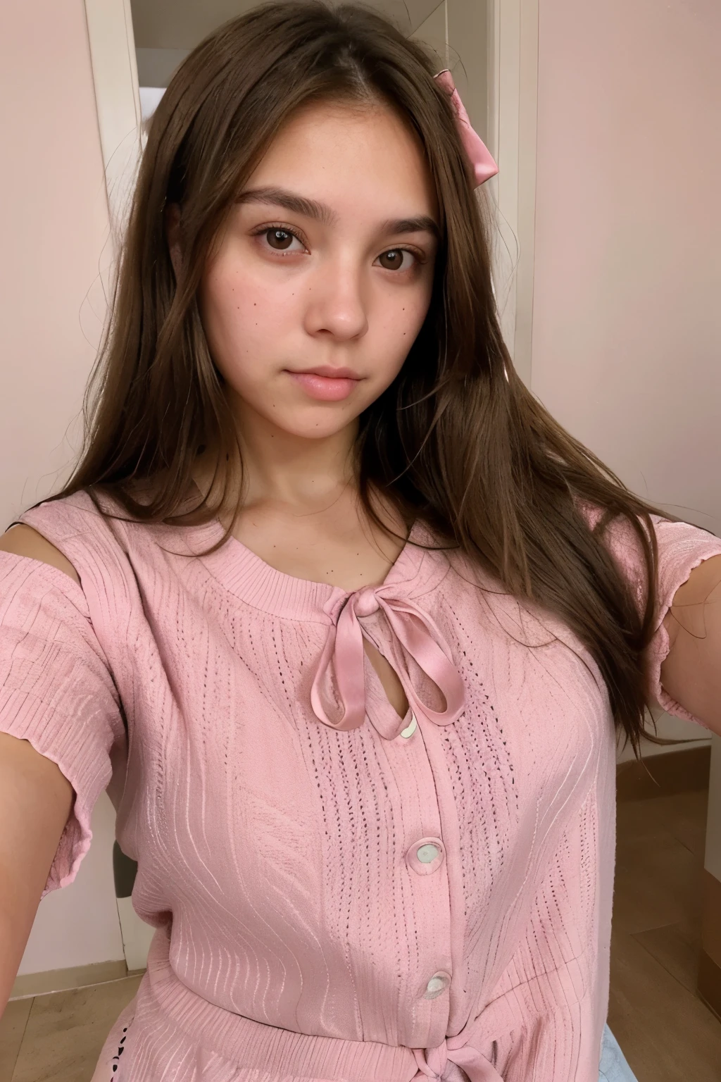 young below average woman, pretty cute face, ultra textured skin, brown hair, thick hair, perfect brown eyes, perfect skin, face is looking in camera, taking a selfie, pink outfit with cute ribbons