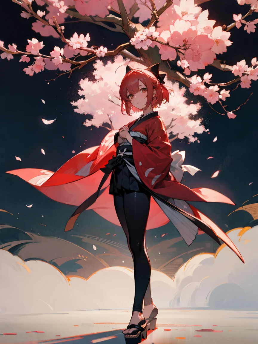 {Extremely detailed 8K wallpaper}, {masterpiece}, {Best Quality}，Alone，full body shot，okita souji，short hair, kimono，haori rojo, cherry tree, sensual, leggings