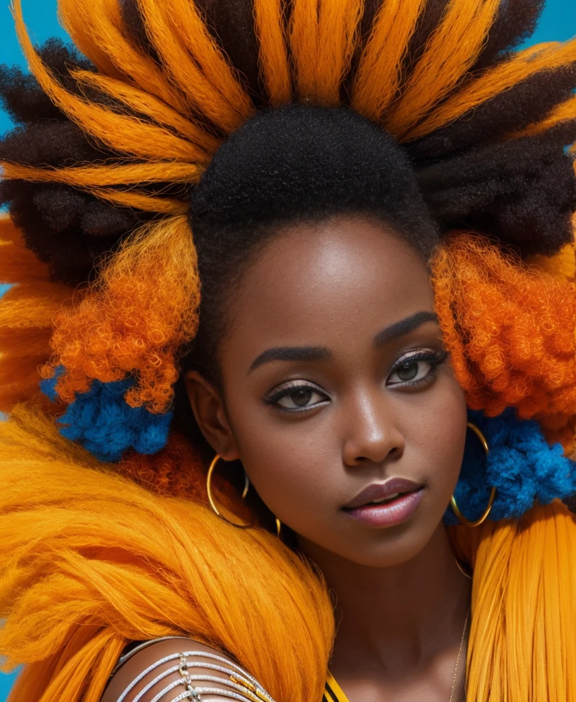 Vibrant, stylized portrait of a woman with dark skin and striking facial features. She has large, voluminous afro hair that frames her face, and she is wearing large hoop earrings. The background is a blend of warm and cool colors, with abstract brush strokes in shades of orange, blue, and beige. The woman's expression is confident and serene, with a slight smile. The overall style of the image is modern and artistic, with a focus on bold colors and strong contrasts.