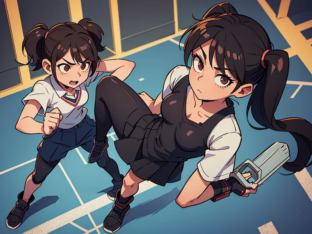 a high school girl of average build and height; She has brown eyes and black hair, Asa Mitaka from Chainsaw Man, full body, she has average build and height; She has brown eyes and black hair. Her hair is just past shoulder length, she wears her hair in two pigtails.,Asa Mitaka, small breasts, skinny figure, perky breasts, , black hair, pigtails 