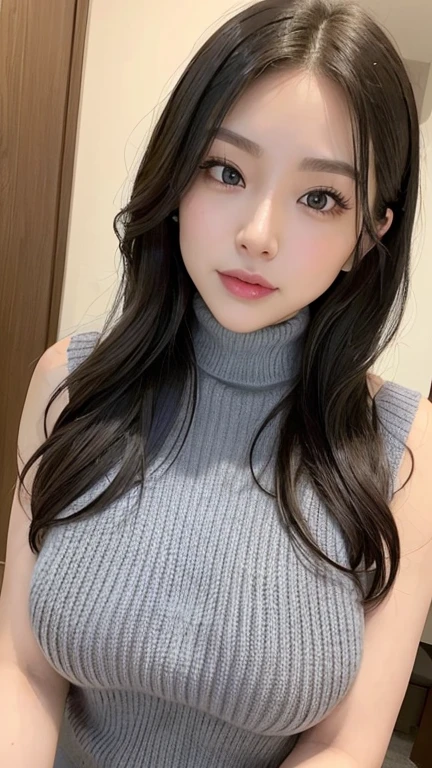 (Highest quality)), ((masterpiece)), (detailed), Full Body Shot,One woman,28歳のBeautiful woman,Married Woman,Very sexy,(((Big Breasts,Wearing a turtleneck, sleeveless knit sweater.8,The length of the sweater is up to the waist,No bra))),The shape of small nipples is visible,Sweater with wide open chest,Emphasize cleavage,Grey sweater,
Beautiful woman,Beautiful Face,Big eyes,Beautiful Eyes,Well-formed double eyelids,Beautiful teeth alignment,8 head body,Beautiful body lines,Slender body,Beautiful Hands,Beautiful legs,Long hands,Long legs,Long and flexible hair,Shiny hair,Black hair,Full Body Shot,Embarrassed expression,blush,Half-open mouth,from below,Beautiful shoulders,Beautiful collarbone、Woman standing with legs apart,The viewer looks at the woman from below,press breasts together,
