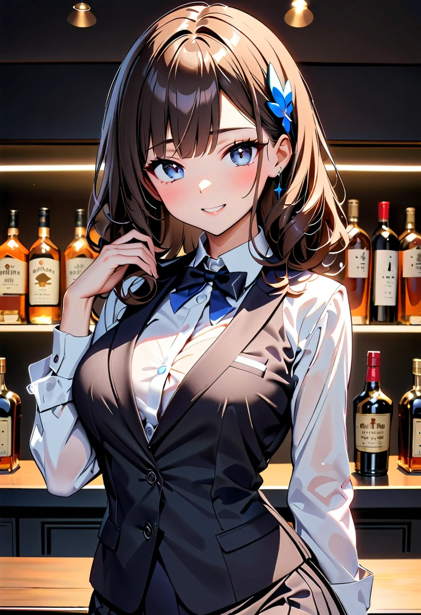 (high quality, 8k, 4k, high contrast, masterpiece:1.2, 最high quality, better aesthetics), ((1 female)), bar, liquor bottle, bartender, Beautiful and detailed eyes and face., An exquisitely crafted hair ornament., real skin glitter, pretty girl, business dress, office dress, きれいに並べられたliquor bottle, luxury label, atmospheric lighting, dark color palette, shoulder length hair, dark brown hair, ((sexy)), coquette