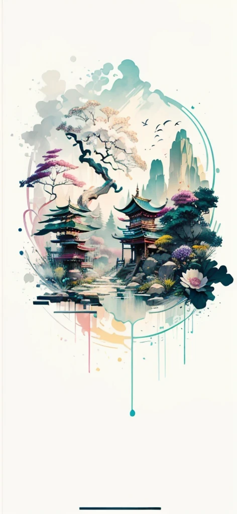 (Art by Numbers,Inks and washes:1.2),Nobody, Mountain々, wood, Rivers,Flowers,Lotus flower,Purple Flower,沢Mountainの花(Oriental elements, Chinese colors, Senior Color Matching), (3D sculpture,Rendering with Octane,Volumetric Light,Natural soft light,), (Very delicate:1.2, Losing focus:1.2, Very colorful, Cinema Lighting, Chiaroscuro,Ray Tracing), masterpiece, Super rich,Very detailed,8k, Zurrison_style_wonderful_wall