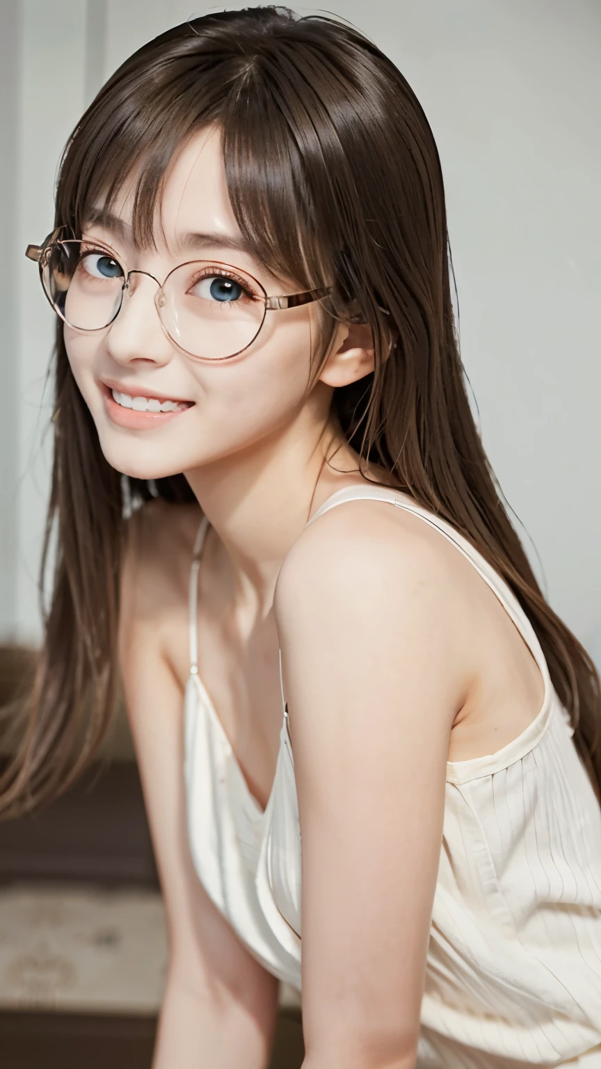 (Brown eyes:1.48)、(Classy model 1:.48)、(high resolution:1.48)、(Age 27:1.48)、(Very big eyes:1.48)、(Clear skin:1.48)、(Shyly laughing 1:.48)、(Frameless Glasses:1.48)