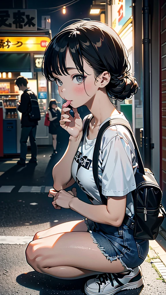 (8k, RAW Photos, 最high quality, masterpiece:1.2), high qualityのRAWカラー写真, Professional photo shoot, Cinematic Light, alone, (((young woman, Gal))), (Sharp features), (Small face), (Skin with attention to detail:1.2), clavicle, Cute Face, Beautiful appearance, Long eyelashes,Girl Turning Around, smile, (Brown Hair, Long straight line),  Jersey, Grey denim mini skirt, sneakers, Backpack,  Night Park, Confident attitude, Capture the happy moment, Artistic painting,Attractive thighs, (Very nice touch:1.2),はにかんだsmile), Peaceful atmosphere, Oil painting style, Bright colors, (Are standing:1.5, Inside a convenience store, Full body portrait), Smooth texture, Gazing Eyes, Beautiful Skin, Glowing Skin, ((Perfect Fingers, Five Fingers, Anatomically correct)), Background Blur, high quality, Surreal, ((Very detailed, photo shoot)),Many people々、blush、Plump、Blowjob、Lick、Side view、squat、Sucking a man's