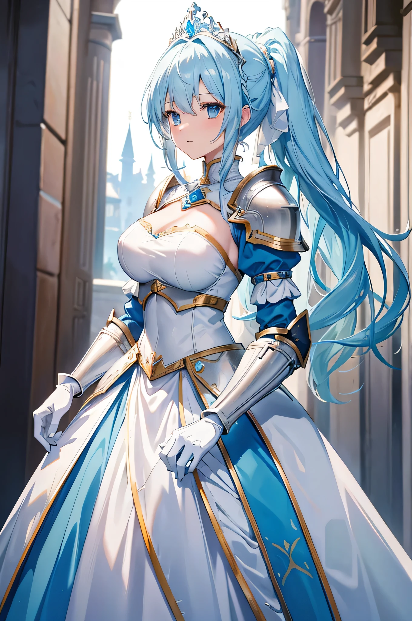4K,High resolution,One Woman,Light blue hair,Long Ponytail,Big Breasts,Princess Knight,Light blue dress,White knight armor,Full Armor,White gloves,Princess Tiara,Jewelry decoration,Medieval town