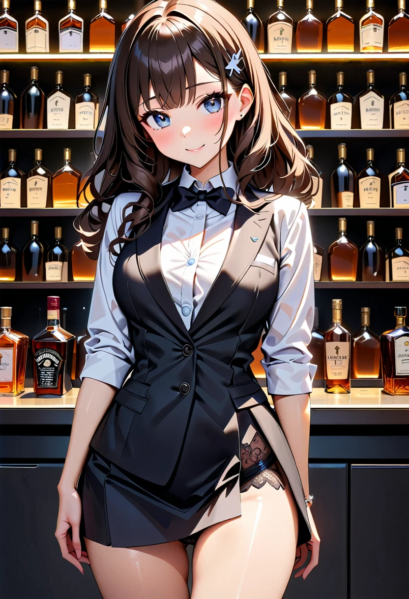 (high quality, 8k, 4k, high contrast, masterpiece:1.2, 最high quality, better aesthetics), ((1 female)), bar, liquor bottle, bartender,  Beautiful and detailed eyes and face., An exquisitely crafted hair ornament., real skin glitter, pretty girl, business dress, office dress, きれいに並べられたliquor bottle, luxury label, atmospheric lighting, dark color palette, shoulder length hair, dark brown hair, ((sexy)), short dress, beautiful legs, lace panties