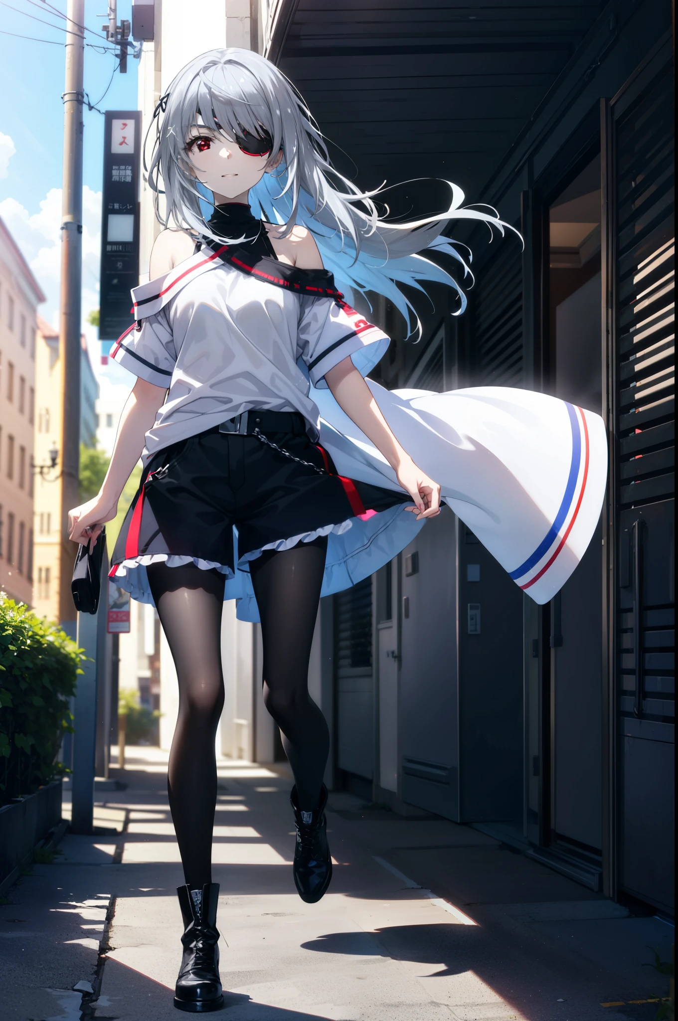 Laurabodewig, Laura Bodewig, Long Hair, (Red eyes:1.3), Grey Hair, Eye patch,smile,tooth,Open your mouth,Oversized one-shoulder shirt,Short sleeve,Shorts,Black pantyhose short boots,Walking,Daytime,Clear skies,whole bodyがイラストに入るように,
break outdoors, Building district,
break looking at viewer, whole body,
break (masterpiece:1.2), Highest quality, High resolution, unity 8k wallpaper, (figure:0.8), (Beautiful attention to detail:1.6), Highly detailed face, Perfect lighting, Highly detailed CG, (Perfect hands, Perfect Anatomy),