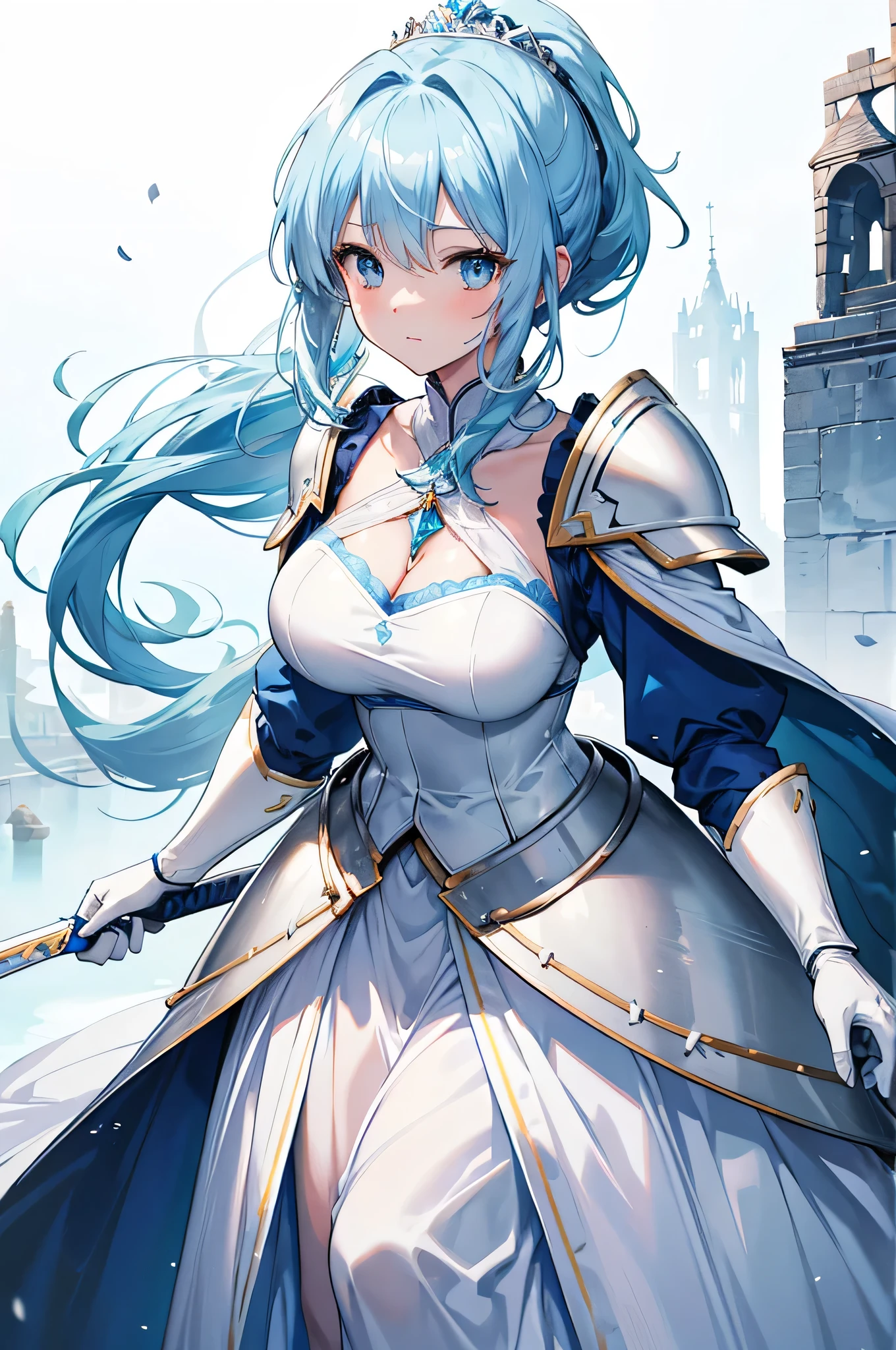 4K,High resolution,One Woman,Light blue hair,Long Ponytail,Big Breasts,Princess Knight,Light blue dress,White knight armor,Full Armor,White gloves,Princess Tiara,Jewelry decoration,Long sword,Medieval town