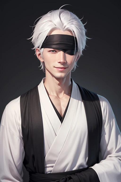 young man of 30 years old, white hair, with a blindfold covering his eyes, white skin, black clothes like style old japan, yukata, smile, villain vibes