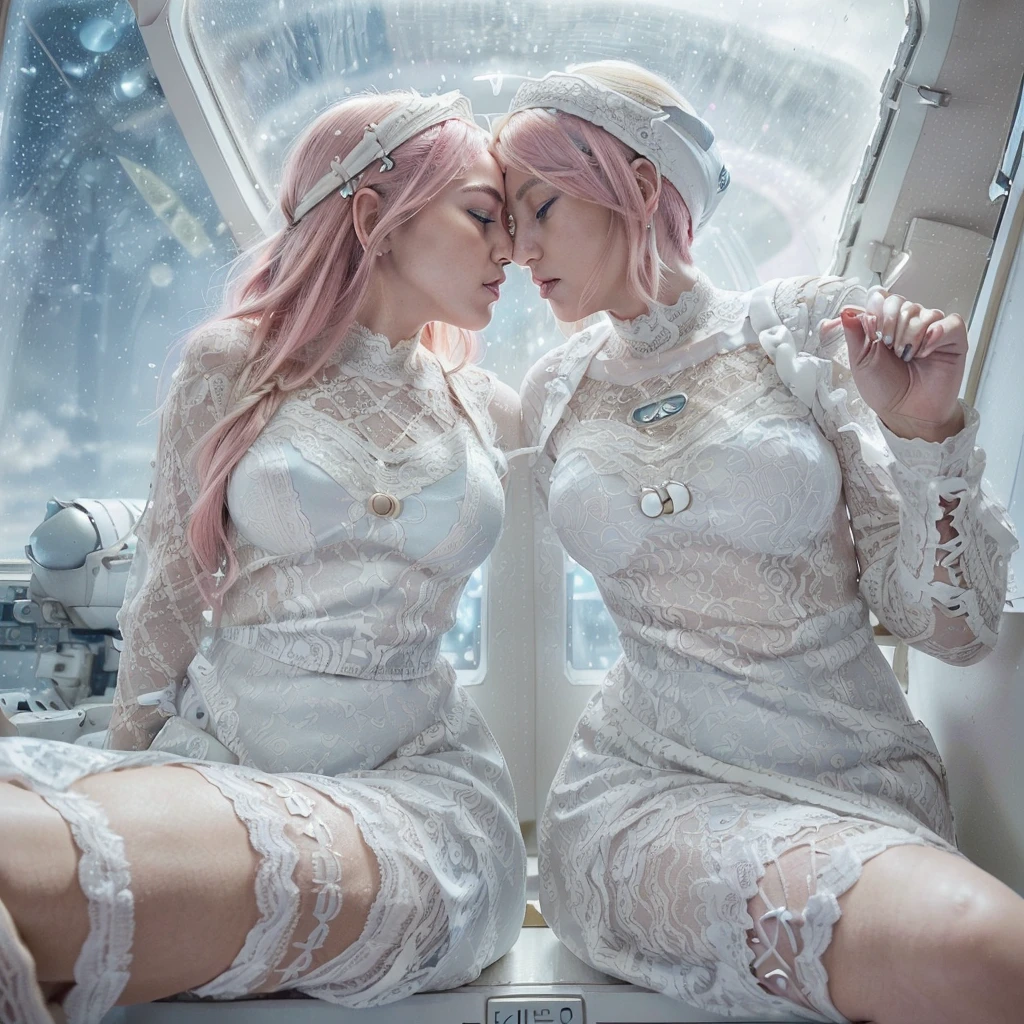 ultra realistic professional full body camera (((2girls one pink hair the second blond hair kiss each other dining in spaceship and wearing white Lace dress, ))) (photo 1028k qhd) by (James C. Christensen:1.2|Jeremy Lipking:1.1), (Dittmann Anna:0.3), (jiner:0.3), (mise au point nette:1.3) lndswgnr,High detail, instagram top model,blonde hair, beautiful detailed baby blue eyes, k eyes,(eye (eye makeup: 1.2) sleeping Pose of the Instagram model, perfect button nose, attractive lip shape has an upper-to-lower lip ratio of 1:2, perfect ivory skin confiant, (((anatomycally perfect 25 old ladie hand,finger, nail))),fille en forme Fille maigre et sexy, breast:1.2, anatomie parfaite, Perfect symmetry:1.2, Realstic position, realistic and gorgeous face:1.2, perfect face, highly detailled, happy, confident, ighting cinematic, Lighting scene, soft lights, instagram standing pose (((baby blue eyes,, Fille maigre et sexy, breast:1.2 perfect charming face, attractive lip and nose, ((((masterpiece)))、(((Top image quality)))、(((top-quality)))、(Illustration of two woman)、full body、((25-years old))pink-haired and blonde shorthair、(Thin hair hanging down both sides of the face)、Blue eyes、(((neuter)))、((Tall))、(((Muscular and strong body)))、((muscular and thick armuscular and thick leganspreading)))、opening legilitary uniforms))、、(white clothes)、(White pants)、(White cap)、trench coat、((Inside the spaceship、Sitting in the captain's seat))、(Outside the window、kosmos、Earth seen from space、Spaceport), kiss each other