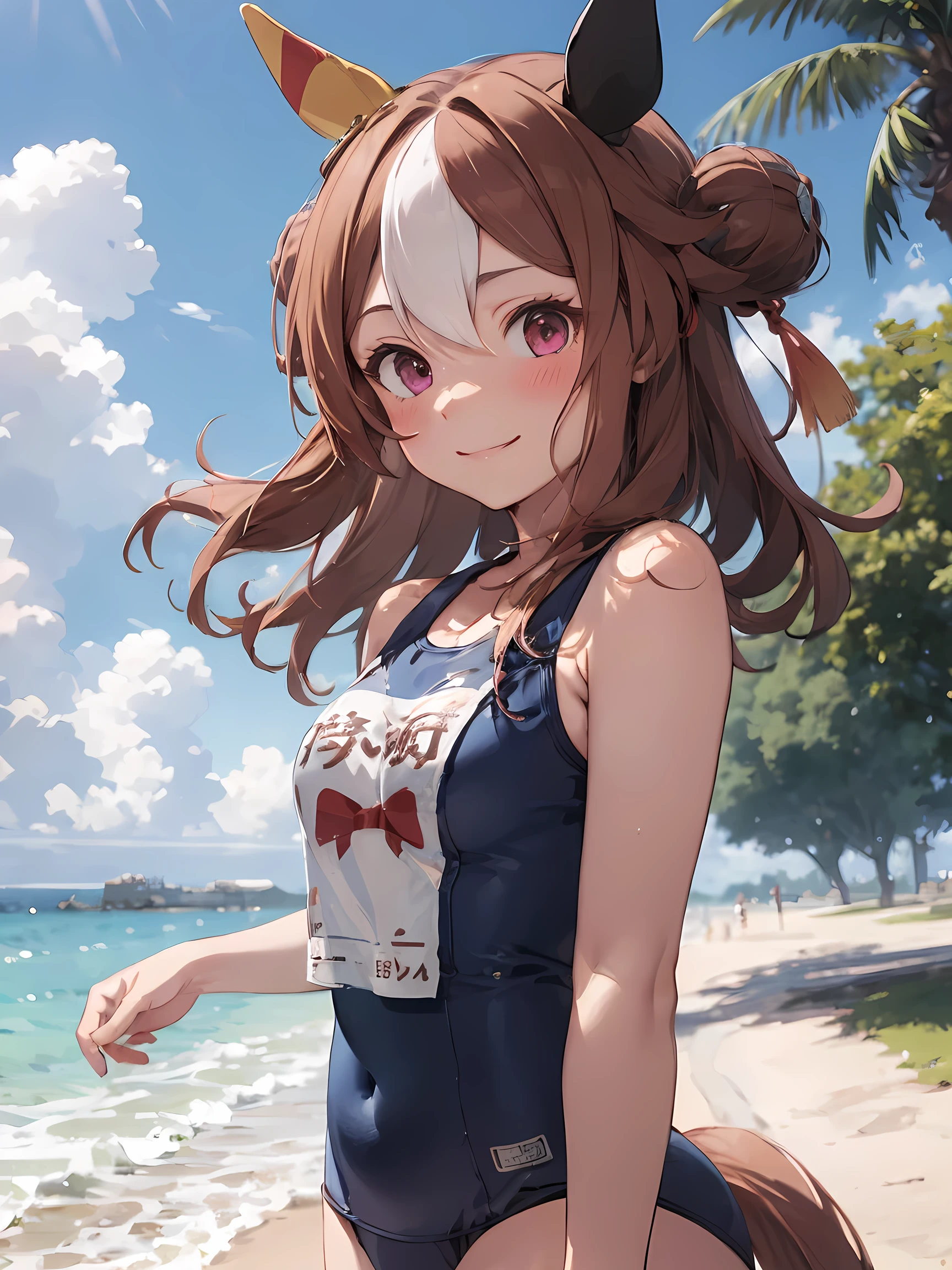 (NSFW:1.1), (masterpiece, best quality, perfect face:1.4) looking at viewer , walking, smile, blush, copano rickey \(umamusume\), (School swimsuit:1.2), cowboy shot, beach, Sand castle, tree, wave, wind