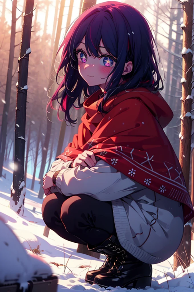 aihoshino, Ai Hoshino, Long Hair, bangs, (Purple eyes:1.1), Purple Hair, (Symbol-shaped pupil:1.5), smile,,smile,blush,white breath,
Open your mouth,snow,Ground bonfire, Outdoor, boots, snowing, From the side, wood, suitcase, Cape, Blurred, , forest, White handbag, nature,  Squat, Mouth closed, Cape, winter, Written boundary depth, Black shoes, red Cape break looking at viewer, Upper Body, whole body, break Outdoor, forest, nature, break (masterpiece:1.2), Highest quality, High resolution, unity 8k wallpaper, (shape:0.8), (Beautiful and beautiful eyes:1.6), Highly detailed face, Perfect lighting, Highly detailed CG, (Perfect hands, Perfect Anatomy),