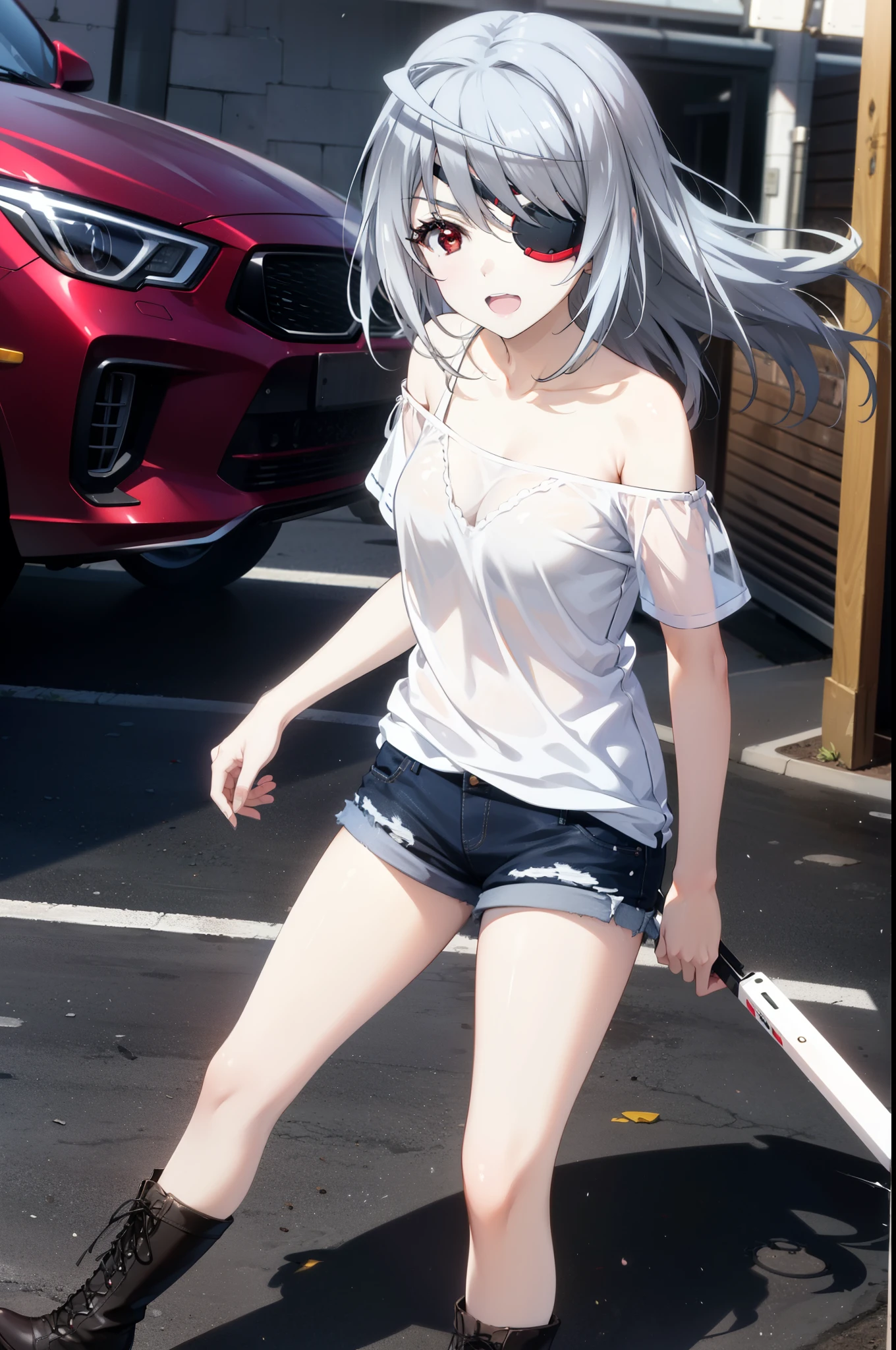 Laurabodewig, Laura Bodewig, Long Hair, (Red eyes:1.3), Grey Hair, Eye patch,smile,tooth,Open your mouth,Oversized one-shoulder shirt,Short sleeve,Shorts,Black pantyhose short boots,Walking,Daytime,Clear skies,whole bodyがイラストに入るように,
break outdoors, Building district,
break looking at viewer, whole body,
break (masterpiece:1.2), Highest quality, High resolution, unity 8k wallpaper, (figure:0.8), (Beautiful attention to detail:1.6), Highly detailed face, Perfect lighting, Highly detailed CG, (Perfect hands, Perfect Anatomy),