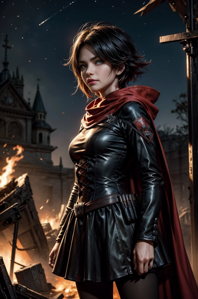 (masterpiece, best quality:1.2), cowboy shot, solo, dynamic pose, 1girl, ruby rose, grin, looking at viewer, arms behind back, black dress, long sleeves, red cape, pantyhose, standing, in deserted, church, bonfires, debris, dusty old furniture, crowd with rifles searching, (crowd in military uniforms), night, stars, closed mouth, serious look, serious expression, post-apocalypse, dystopian future