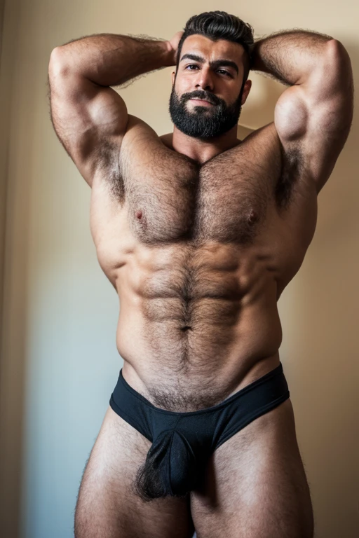 a rude bodybuilder macho man (Turkish man,short hair, black hair, beard ,Huge biceps, shirtless, huge muscular, huge chest,  hairy chest, very hairy, hairy body, Style gay bear) , hyper realistic, ultra realistic , homo erotic 