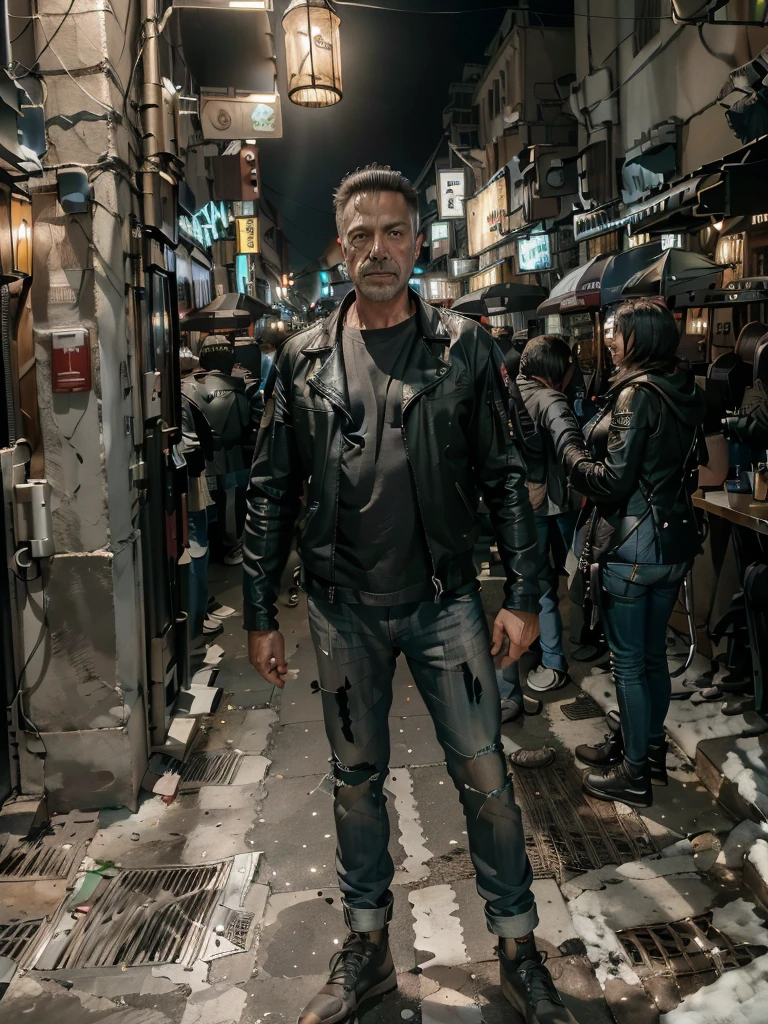 hyperrealism, (photorealistic:1.2), (film grain:1.3), masterpiece, best quality, perfect detail, cinematic lighting, professional photo, realistic photo, raw photo, cyberpunk style, man and robot, cyborg, half-man, robotic body, robotic  arms, thick build, long gray beard, leather jacket, torn pants, standing in a fantasy bar, surrounded by a crowd of robots, dark, little light, dramatic lighting