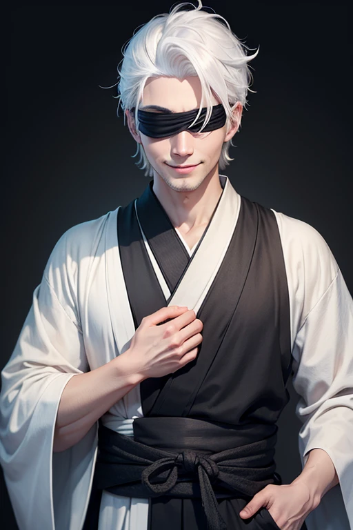 young man of 30 years old, white hair, with a blindfold covering his eyes, white skin, black clothes like style old japan, yukata, smile, villain vibes