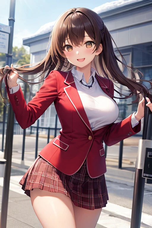 ((Highest quality)), ((masterpiece)), (detailed), One girl, high school girl、、Winter clothes、Red blazer、White mini skirt、Brown Hair、smile、Medium breast、Skirts fluttering