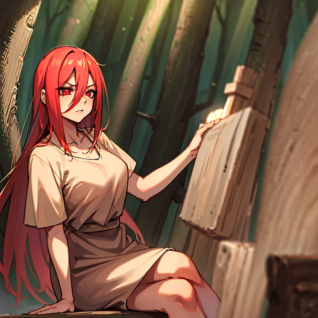 "masterpiece, high quality, (cheered up), Best Quality, 1 girl, dynamic lighting, simple background, Red hair, Red eyes, ((15 years)), beautiful face, pretty eyes, beautiful background, forest at night, (((Very detailed eyes and face.))), sitting pose, annoyed