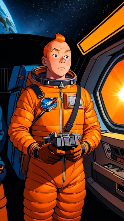 (Teens:1man: Tintin), (extremely detailed CG unit 8k wallpaper),(master part), (best quality), (ultra detali), (best illustration),(AlexRossstyle), cowboy shot, (Sharp eyeliner, ombre, detailed eyes:1),Dark midnight derelict spaceship interiors background, ,break , (astronaut in an orange space suit), upper body, short hair, orange hair