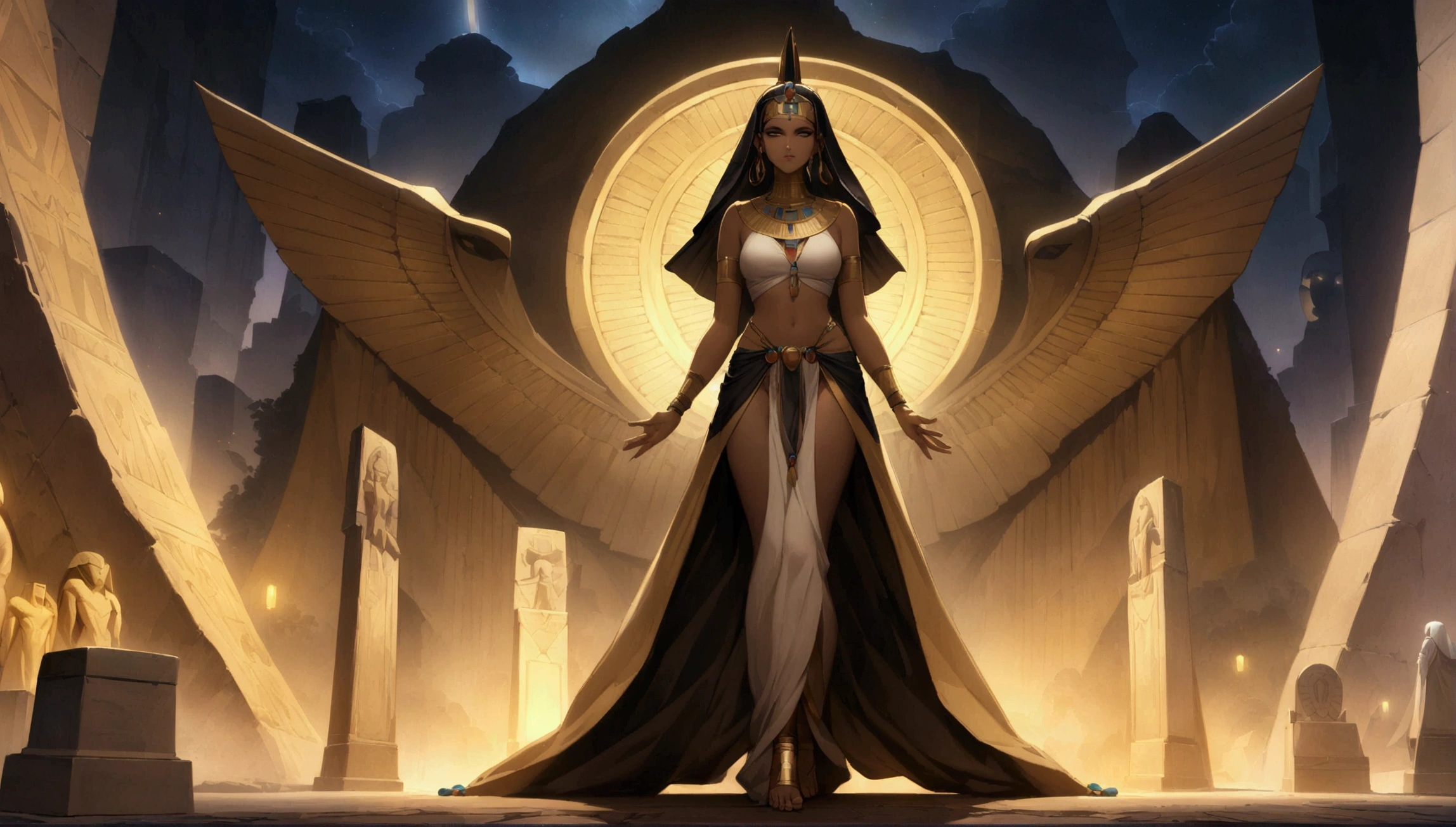 (((OSIRIS))) best quality, ultra-high resolution, 4K detailed CG, masterpiece, man, Egyptian god, Egyptian clothing, Egyptian adornments, Egyptian mythology, ((standing pose)), egypt aesthetic, canvas centered, night, cemetery background