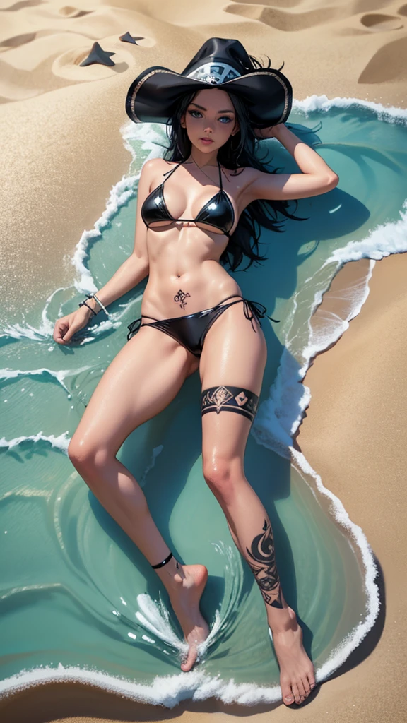 1_girl, solocurvasious. short, black hair. She has aqua blue eyes. wearing a pirate hat. tatoos on the side of her left thigh. Heart tatoo on her right breast. Wearing a black latex bikini, beach background, lying on the sand, full body portrait