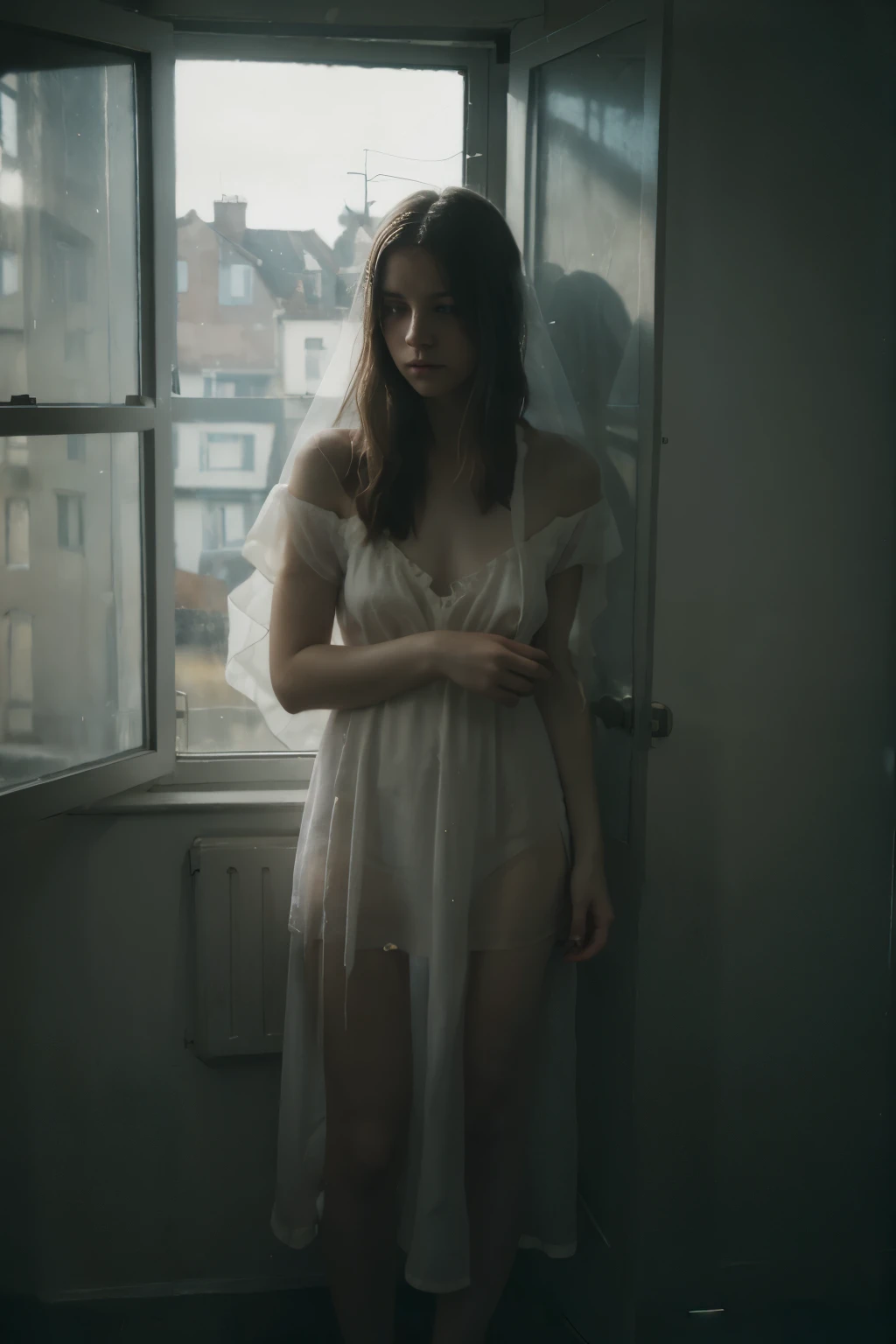 woman in a white dress standing in a room with a window., inspired by Elsa Bleda, by Elsa Bleda, by Johanna Marie Fosie, inspired by Katia Chausheva, pale young ghost, tattered dress, A portrait of a suicidal girl, covered in cobwebs and dust, inspired by Brooke Shaden